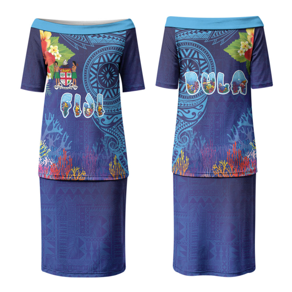 Fiji Day Family Matching Puletasi and Hawaiian Shirt Coral Reef with Tapa Motifs and Hibiscus Ocean Vibe LT03 Mom's Dress Blue - Polynesian Pride