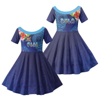 Fiji Day Family Matching Summer Maxi Dress and Hawaiian Shirt Coral Reef with Tapa Motifs and Hibiscus Ocean Vibe LT03 Daughter's Dress Blue - Polynesian Pride