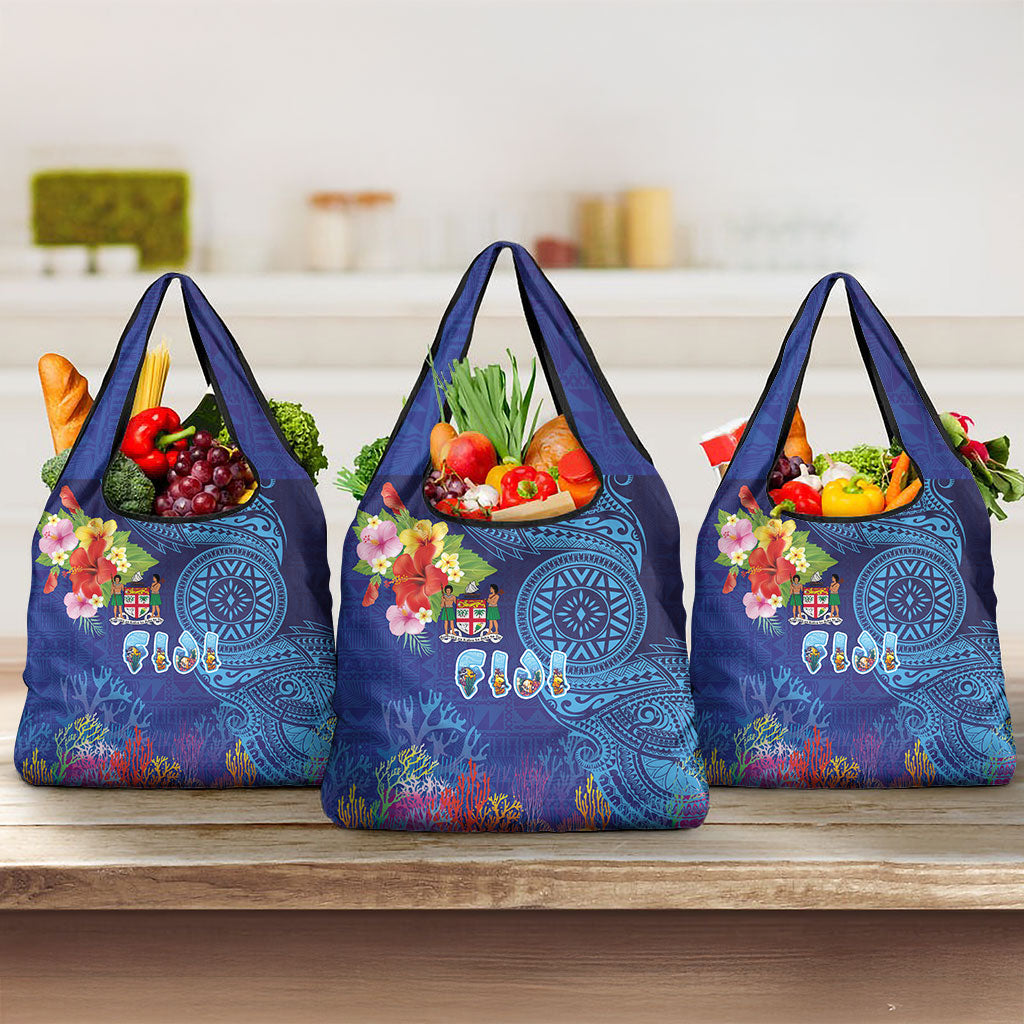 Fiji Day Grocery Bag Coral Reef with Tapa Motifs and Hibiscus Ocean Vibe LT03 3-pack One Size Blue - Polynesian Pride