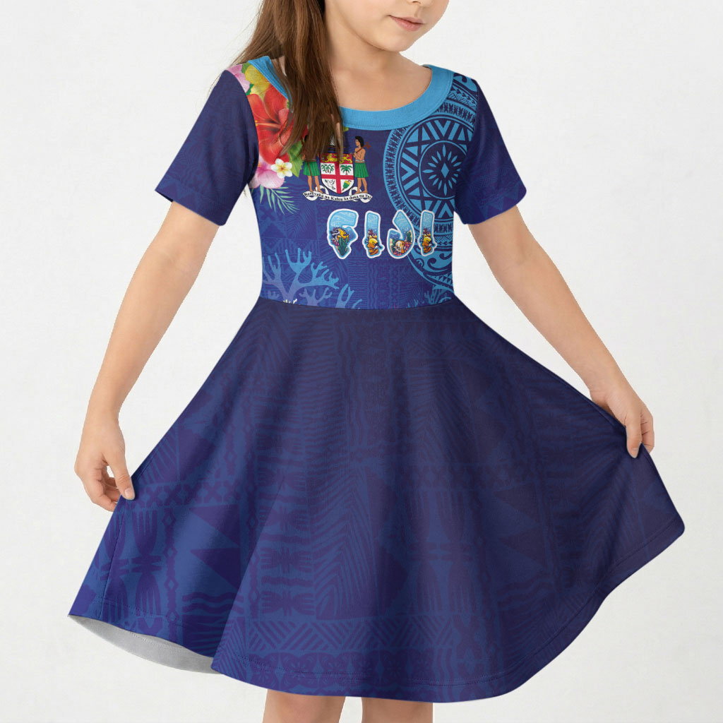 Fiji Day Kid Short Sleeve Dress Coral Reef with Tapa Motifs and Hibiscus Ocean Vibe LT03 KID Blue - Polynesian Pride