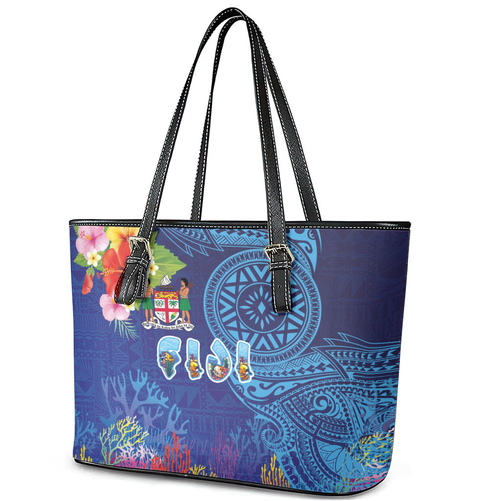 Fiji Day Leather Tote Bag Coral Reef with Tapa Motifs and Hibiscus Ocean Vibe LT03 - Polynesian Pride
