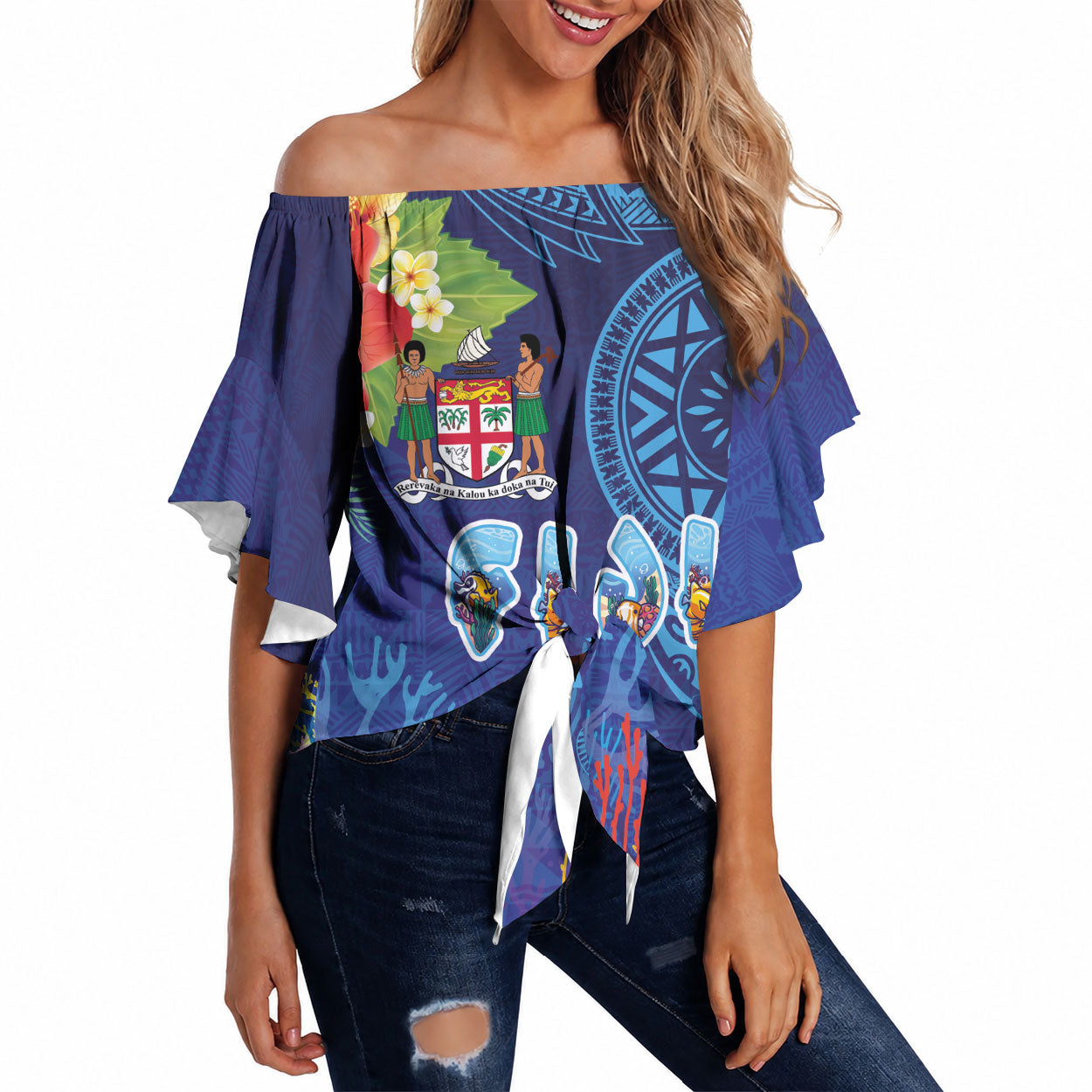 Fiji Day Off Shoulder Wrap Waist Top Coral Reef with Tapa Motifs and Hibiscus Ocean Vibe