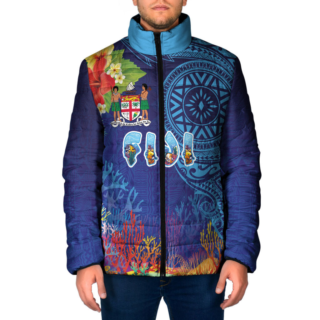 Fiji Day Padded Jacket Coral Reef with Tapa Motifs and Hibiscus Ocean Vibe