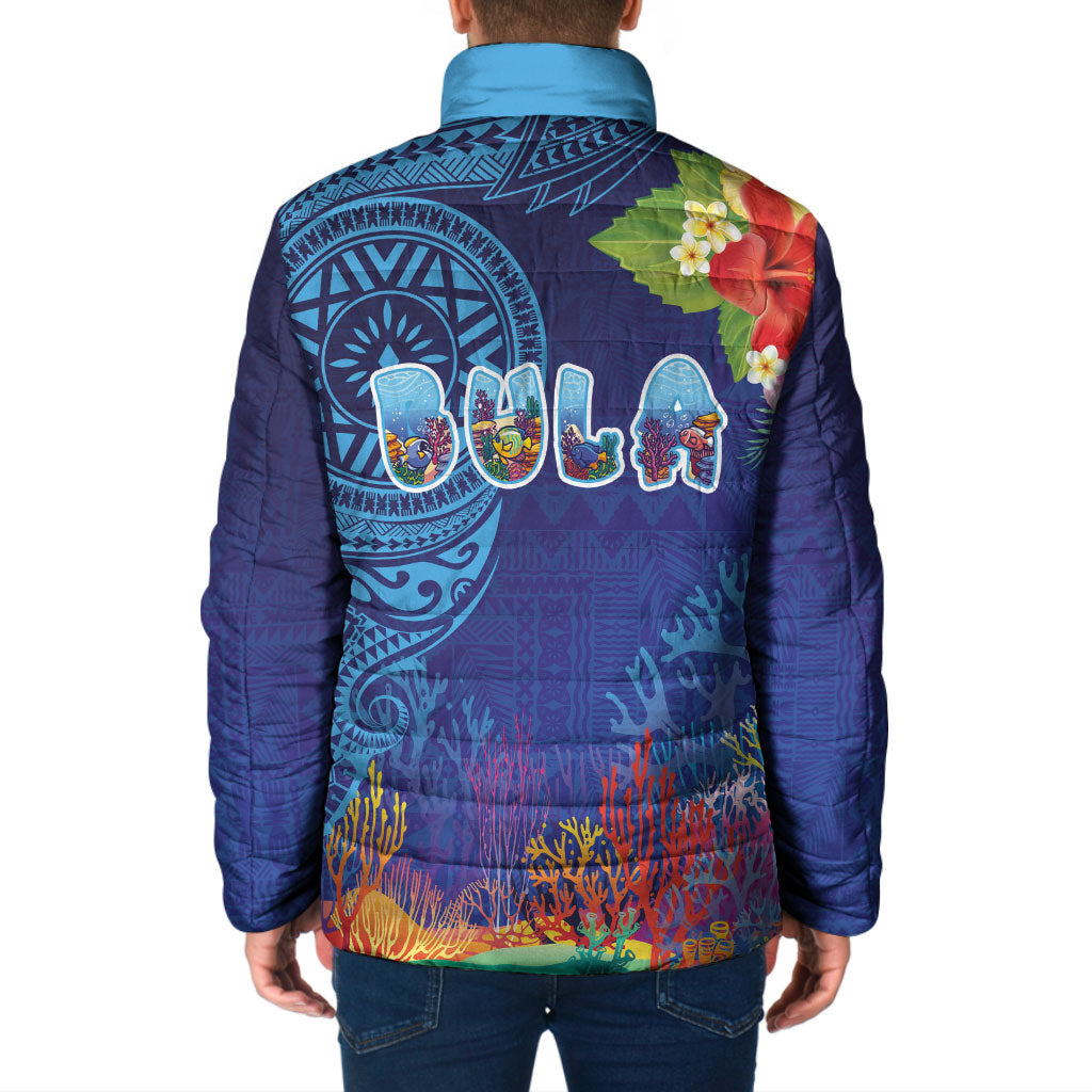 Fiji Day Padded Jacket Coral Reef with Tapa Motifs and Hibiscus Ocean Vibe