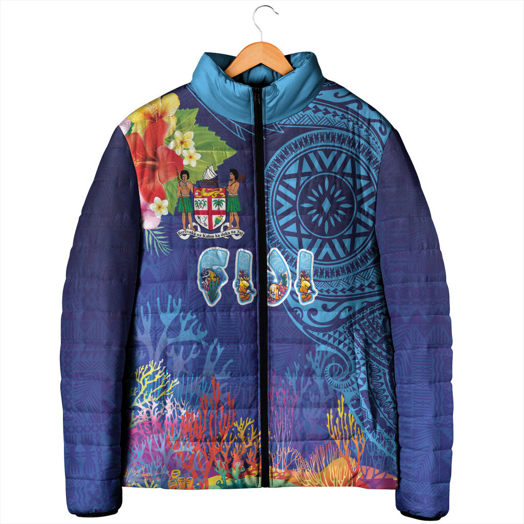 Fiji Day Padded Jacket Coral Reef with Tapa Motifs and Hibiscus Ocean Vibe
