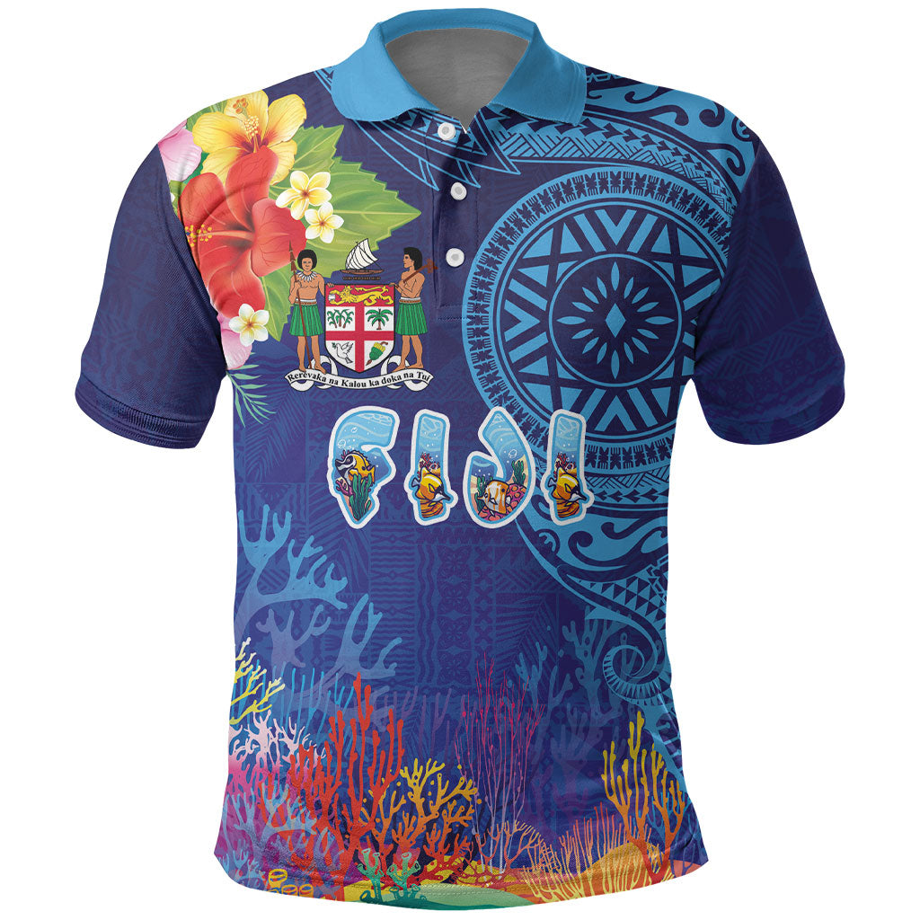 Fiji Day Polo Shirt Coral Reef with Tapa Motifs and Hibiscus Ocean Vibe LT03 Blue - Polynesian Pride