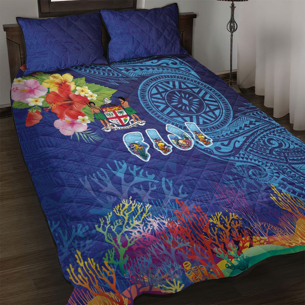 Fiji Day Quilt Bed Set Coral Reef with Tapa Motifs and Hibiscus Ocean Vibe LT03 Blue - Polynesian Pride