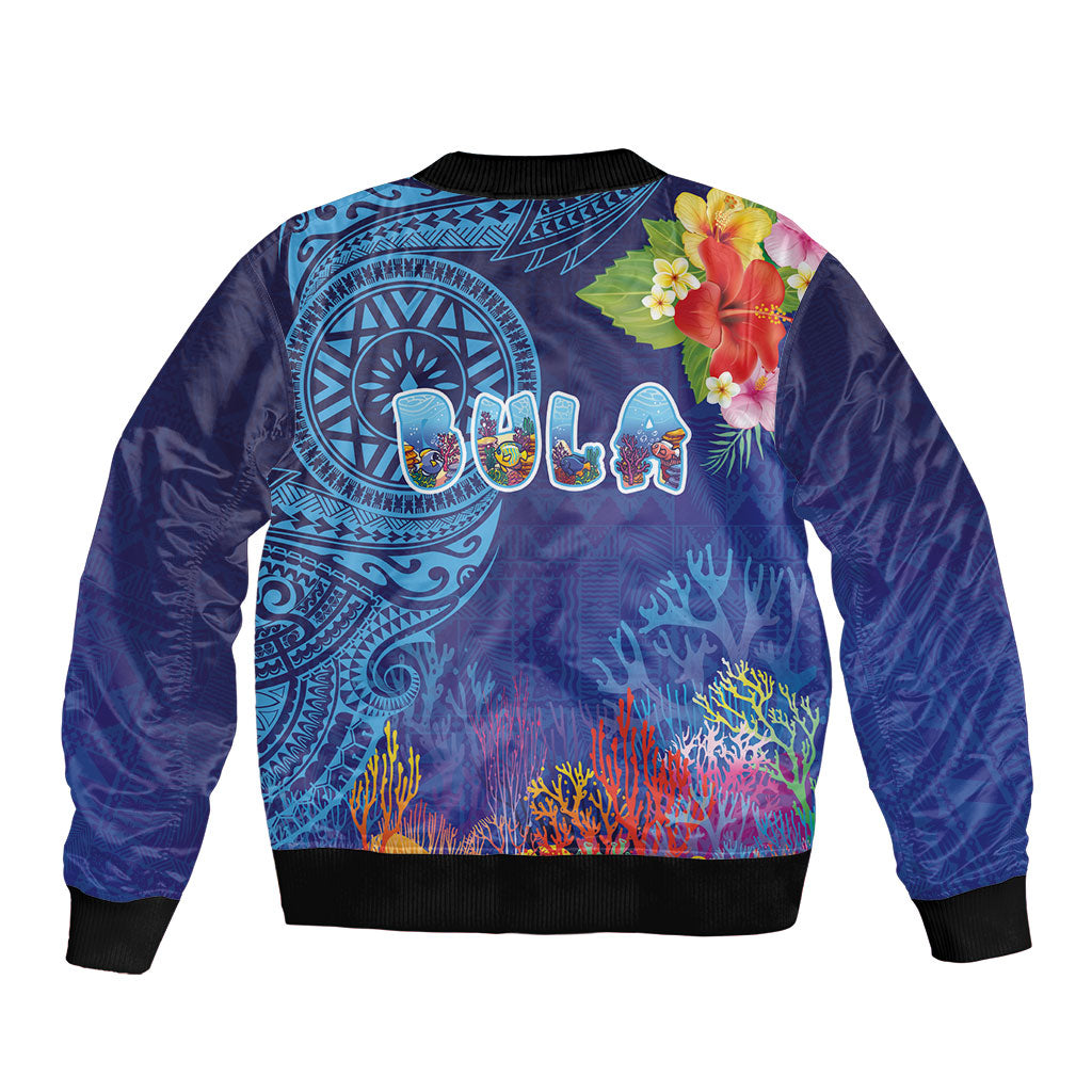 Fiji Day Sleeve Zip Bomber Jacket Coral Reef with Tapa Motifs and Hibiscus Ocean Vibe