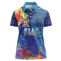 Fiji Day Women Polo Shirt Coral Reef with Tapa Motifs and Hibiscus Ocean Vibe LT03 Female Blue - Polynesian Pride