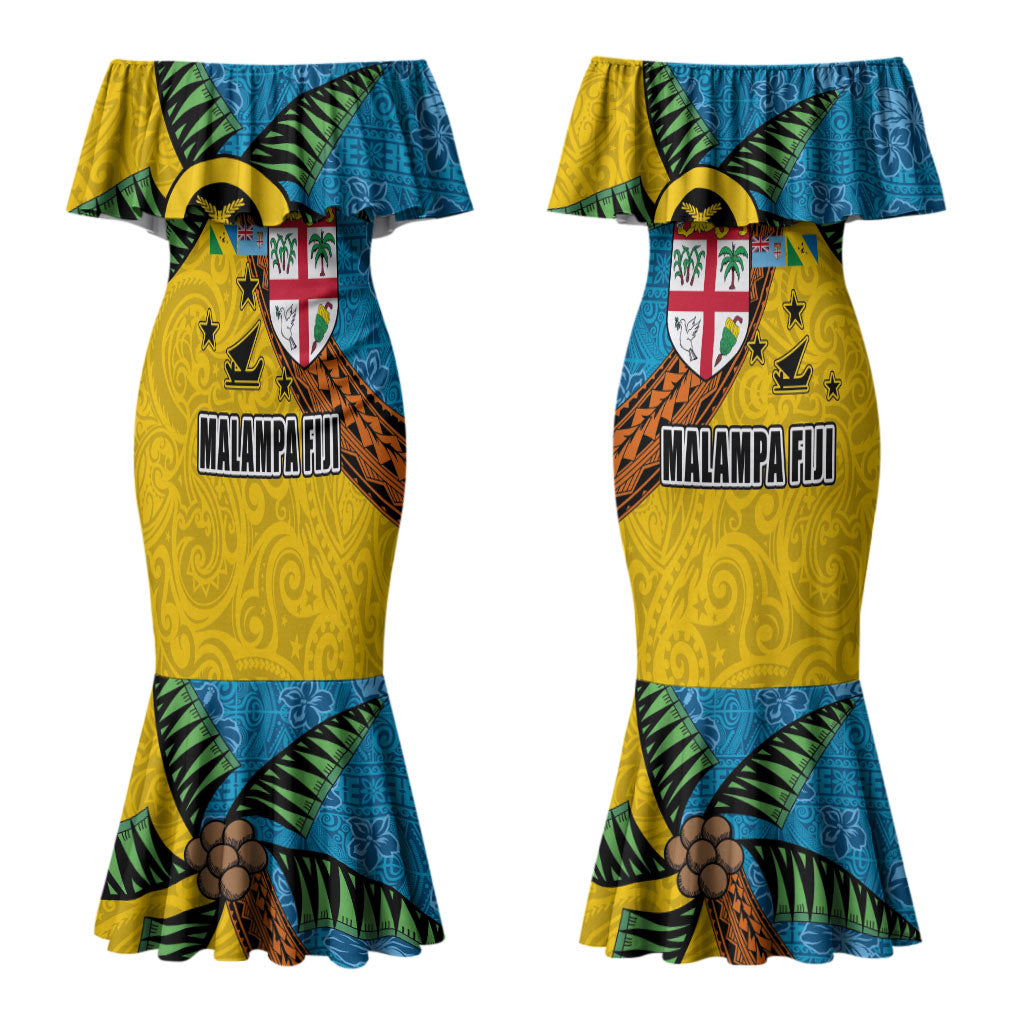 Malampa Fiji Day Couples Matching Mermaid Dress and Long Sleeve Button Shirt Tapa and Melanesian Patterns with Coat of Arms LT03 - Polynesian Pride