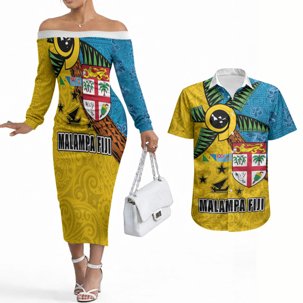 Malampa Fiji Day Couples Matching Off The Shoulder Long Sleeve Dress and Hawaiian Shirt Tapa and Melanesian Patterns with Coat of Arms LT03 Multicolor - Polynesian Pride