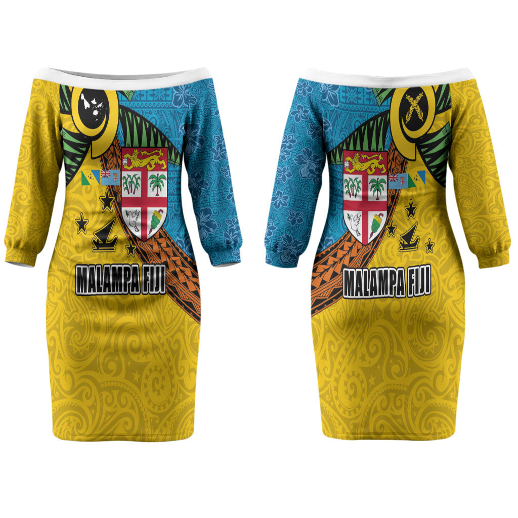 Malampa Fiji Day Couples Matching Off The Shoulder Long Sleeve Dress and Hawaiian Shirt Tapa and Melanesian Patterns with Coat of Arms LT03 - Polynesian Pride
