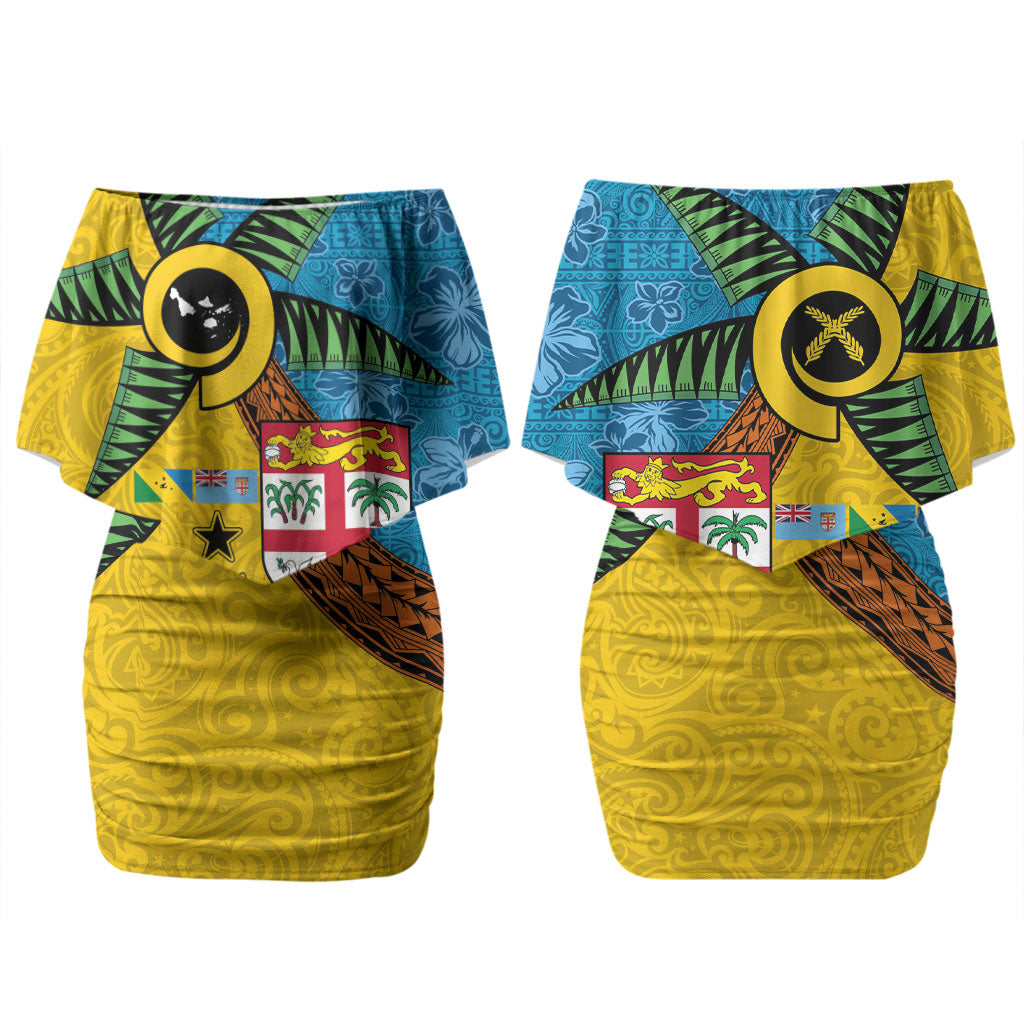 Malampa Fiji Day Family Matching Off Shoulder Short Dress and Hawaiian Shirt Tapa and Melanesian Patterns with Coat of Arms LT03 Mom's Dress Multicolor - Polynesian Pride