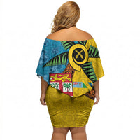 Malampa Fiji Day Off Shoulder Short Dress Tapa and Melanesian Patterns with Coat of Arms LT03 - Polynesian Pride
