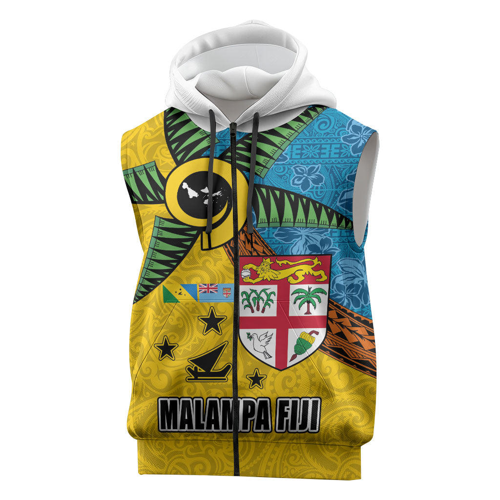 Malampa Fiji Day Sleeveless Zip Hoodie Tapa and Melanesian Patterns with Coat of Arms