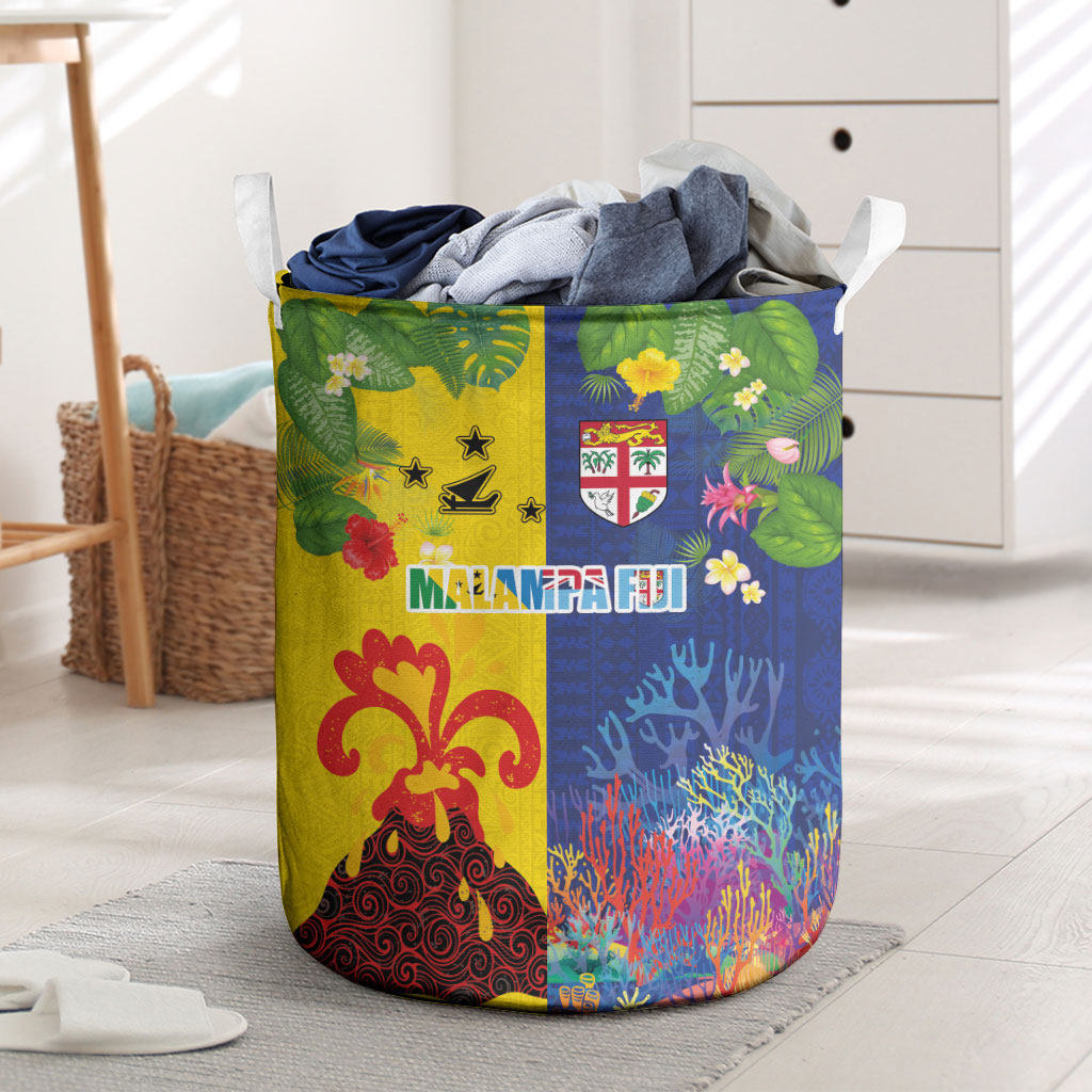 Malampa Fiji Day Laundry Basket Volcano and Coral Reef with Culture Patterns Split Style LT03 Multicolor - Polynesian Pride