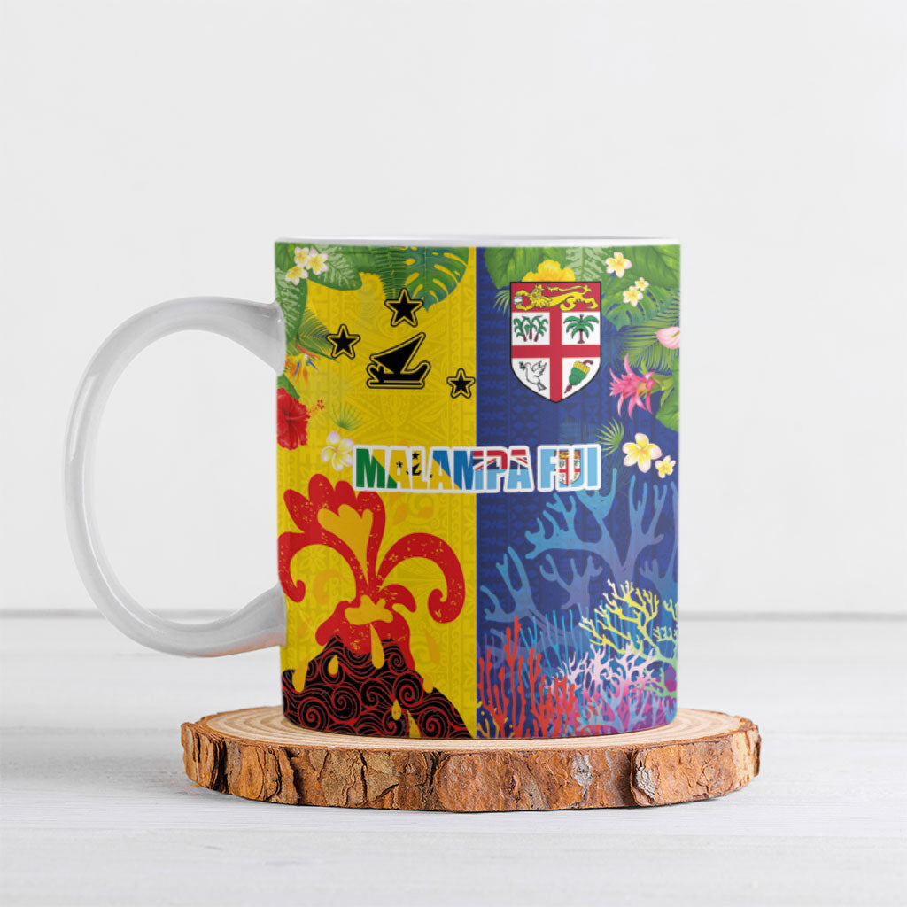 Malampa Fiji Day Ceramic Mug Volcano and Coral Reef with Culture Patterns Split Style