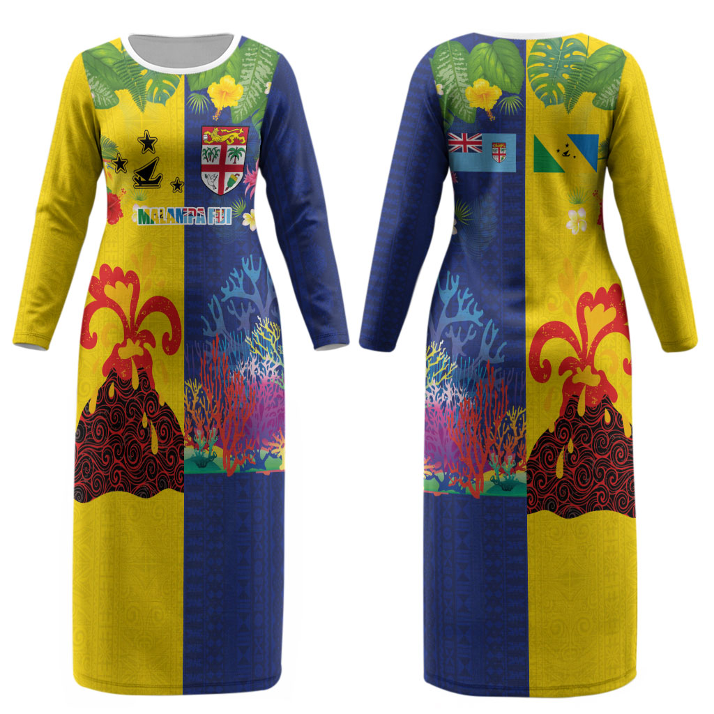 Malampa Fiji Day Couples Matching Long Sleeve Bodycon Dress and Hawaiian Shirt Volcano and Coral Reef with Culture Patterns Split Style LT03 - Polynesian Pride