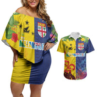 Malampa Fiji Day Couples Matching Off Shoulder Short Dress and Hawaiian Shirt Volcano and Coral Reef with Culture Patterns Split Style LT03 Multicolor - Polynesian Pride