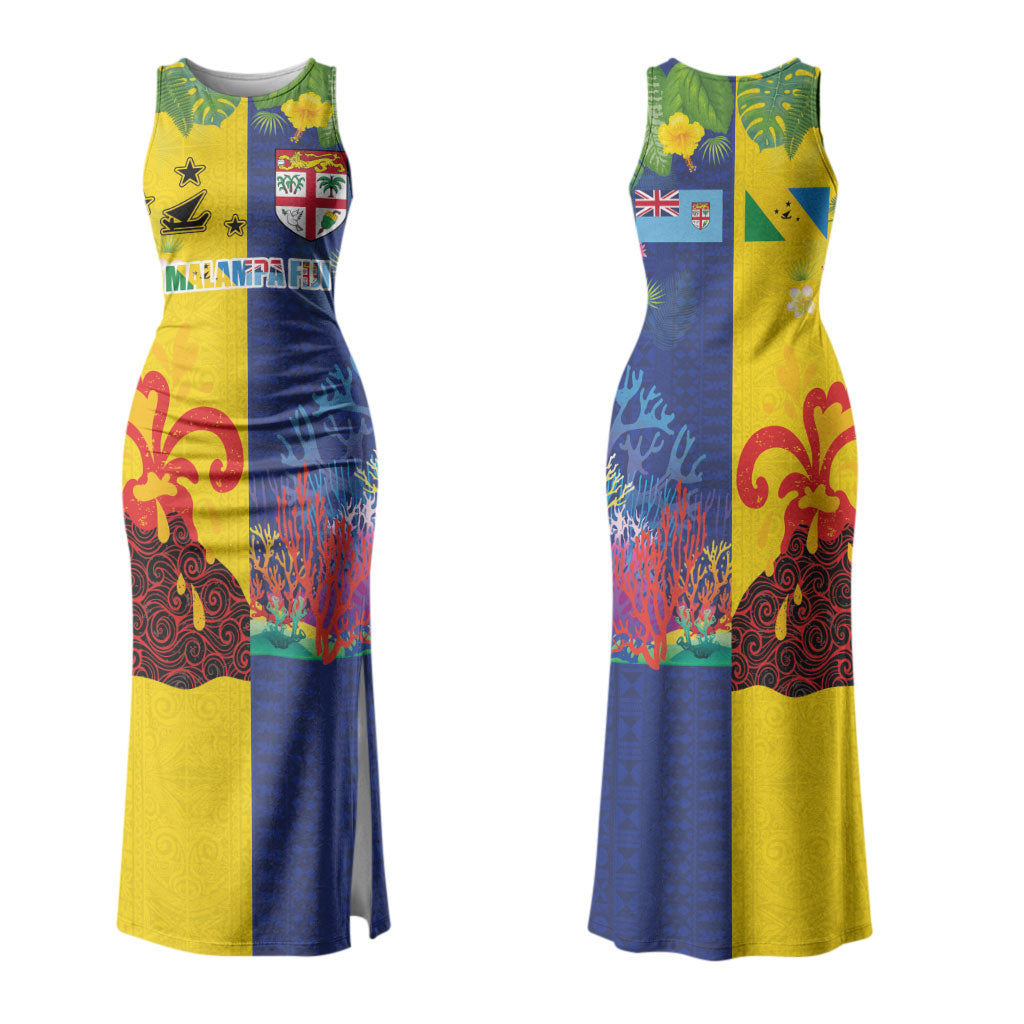 Malampa Fiji Day Couples Matching Tank Maxi Dress and Hawaiian Shirt Volcano and Coral Reef with Culture Patterns Split Style LT03 - Polynesian Pride