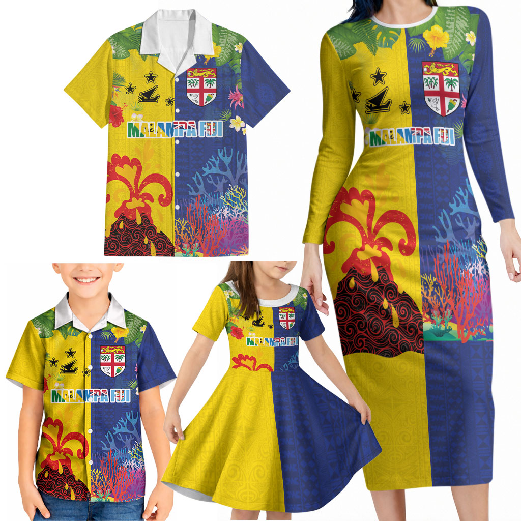 Malampa Fiji Day Family Matching Long Sleeve Bodycon Dress and Hawaiian Shirt Volcano and Coral Reef with Culture Patterns Split Style LT03 - Polynesian Pride