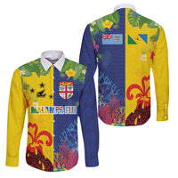 Malampa Fiji Day Family Matching Long Sleeve Bodycon Dress and Hawaiian Shirt Volcano and Coral Reef with Culture Patterns Split Style LT03 Dad's Shirt - Long Sleeve Multicolor - Polynesian Pride
