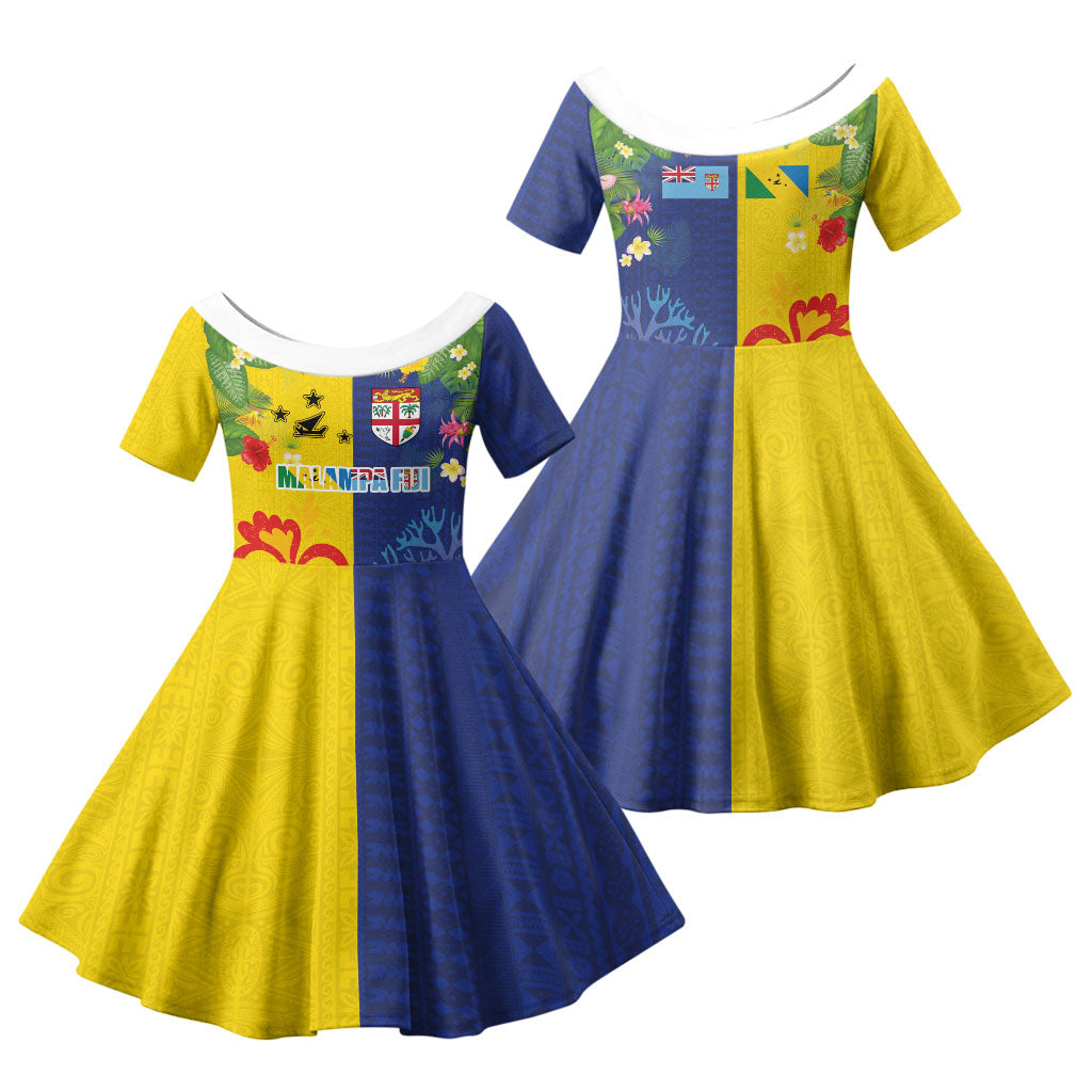 Malampa Fiji Day Family Matching Long Sleeve Bodycon Dress and Hawaiian Shirt Volcano and Coral Reef with Culture Patterns Split Style LT03 Daughter's Dress Multicolor - Polynesian Pride