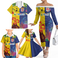 Malampa Fiji Day Family Matching Off The Shoulder Long Sleeve Dress and Hawaiian Shirt Volcano and Coral Reef with Culture Patterns Split Style LT03 - Polynesian Pride