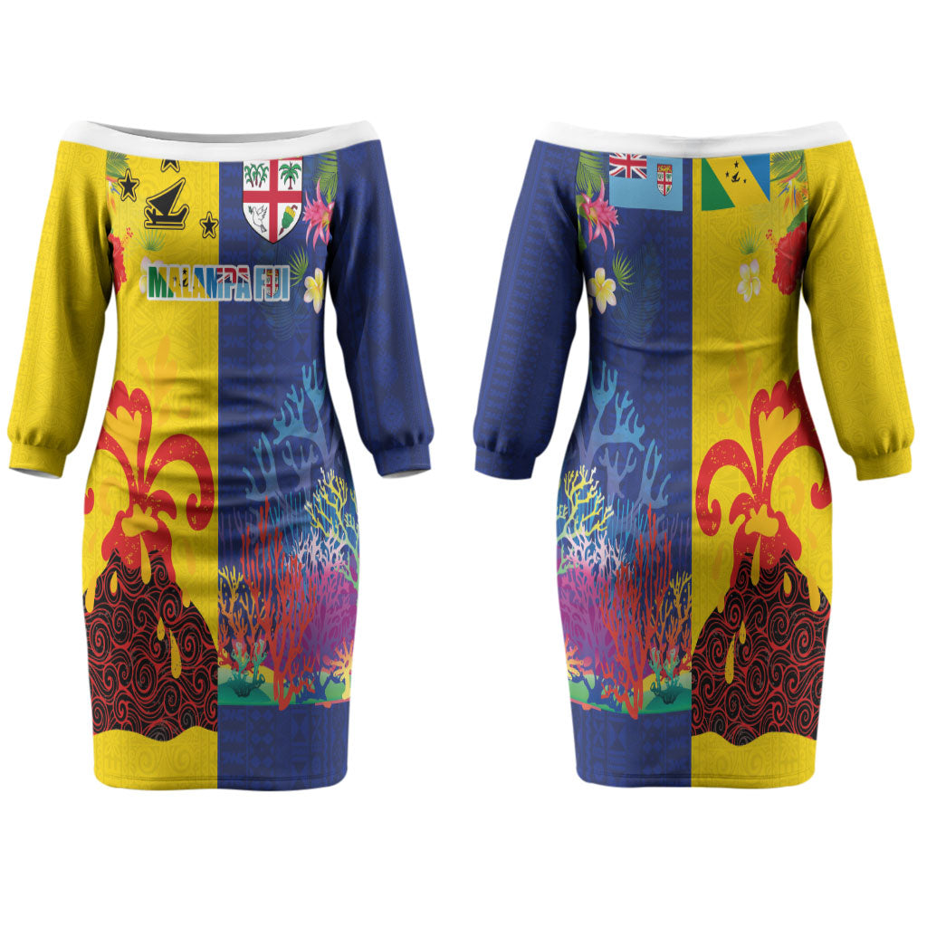 Malampa Fiji Day Family Matching Off The Shoulder Long Sleeve Dress and Hawaiian Shirt Volcano and Coral Reef with Culture Patterns Split Style LT03 Mom's Dress Multicolor - Polynesian Pride