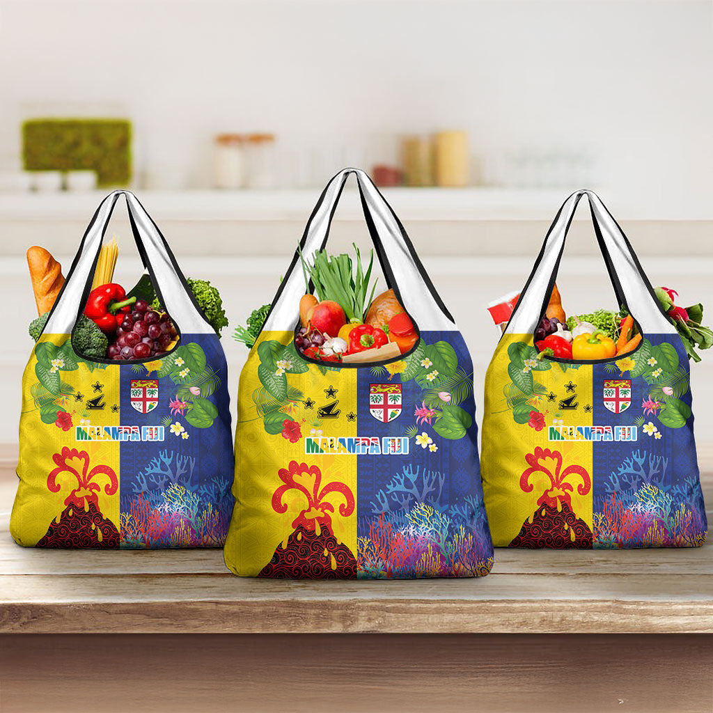 Malampa Fiji Day Grocery Bag Volcano and Coral Reef with Culture Patterns Split Style LT03 3-pack One Size Multicolor - Polynesian Pride