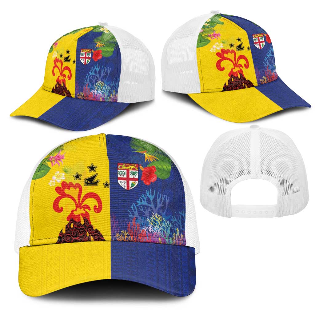 Malampa Fiji Day Mesh Trucker Cap Volcano and Coral Reef with Culture Patterns Split Style LT03 - Polynesian Pride