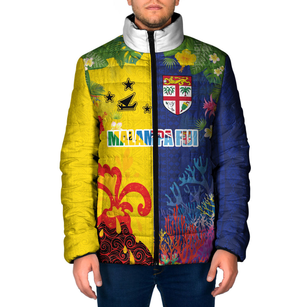 Malampa Fiji Day Padded Jacket Volcano and Coral Reef with Culture Patterns Split Style
