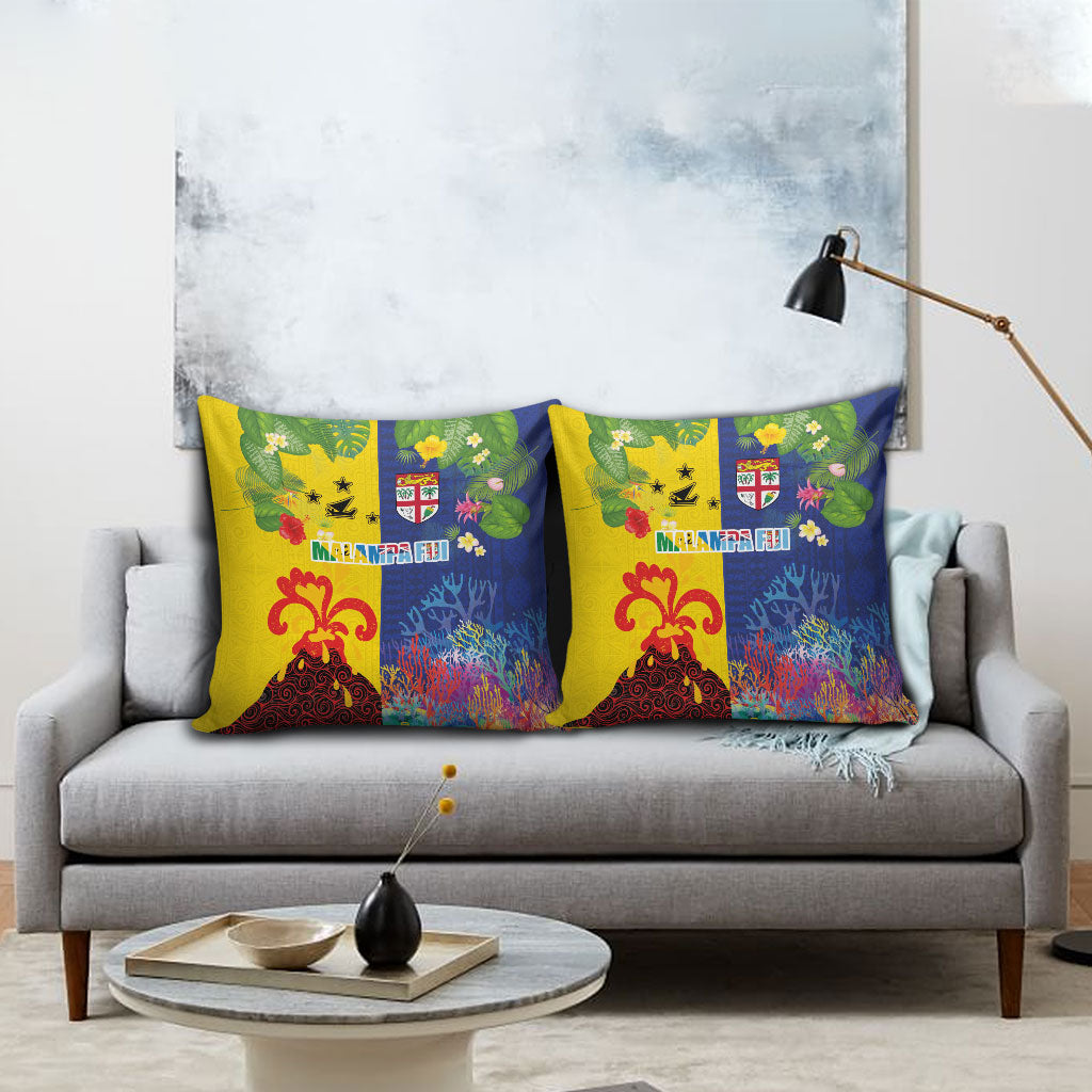 Malampa Fiji Day Pillow Cover Volcano and Coral Reef with Culture Patterns Split Style LT03 - Polynesian Pride