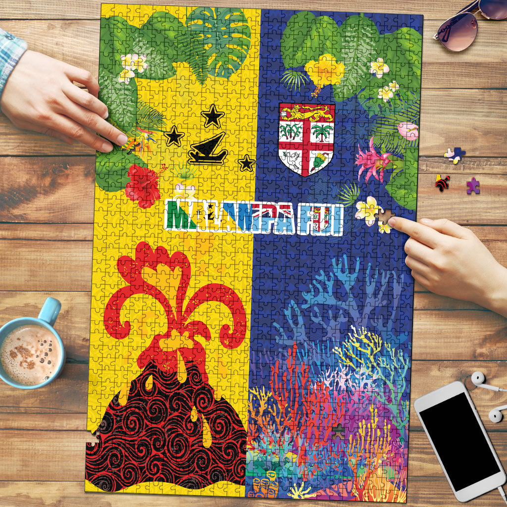 Malampa Fiji Day Puzzle Volcano and Coral Reef with Culture Patterns Split Style