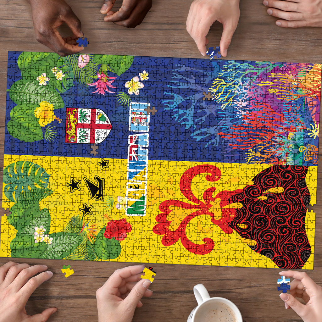 Malampa Fiji Day Puzzle Volcano and Coral Reef with Culture Patterns Split Style LT03 - Polynesian Pride