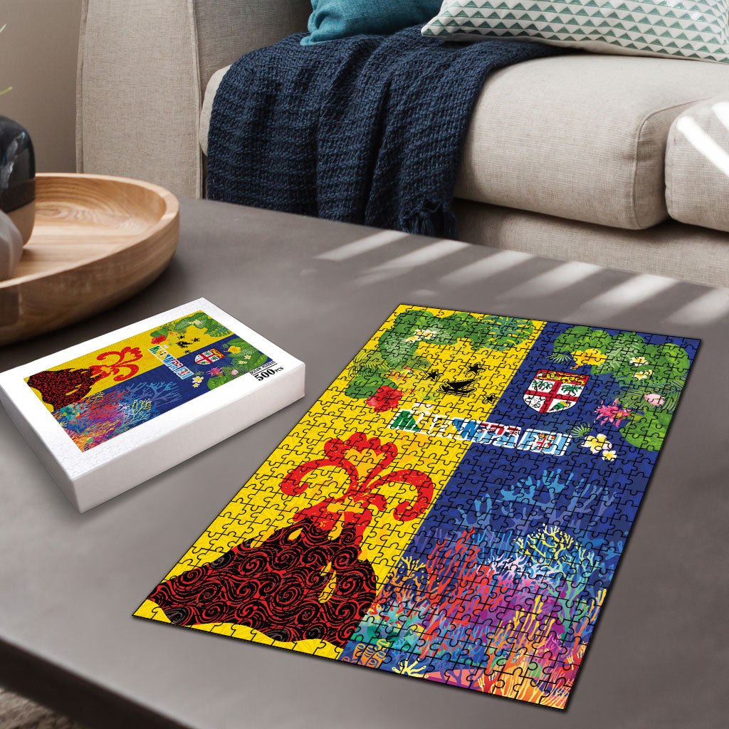 Malampa Fiji Day Puzzle Volcano and Coral Reef with Culture Patterns Split Style LT03 - Polynesian Pride