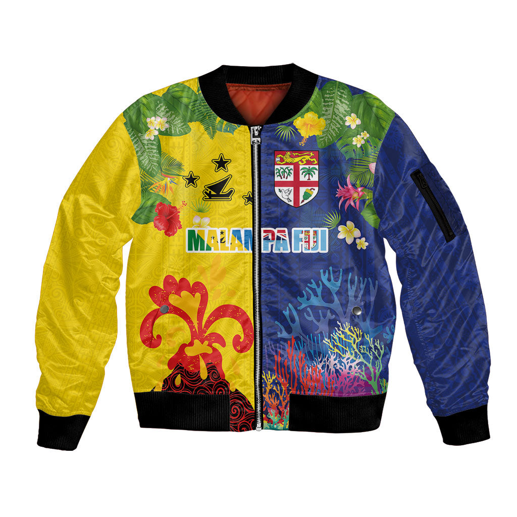 Malampa Fiji Day Sleeve Zip Bomber Jacket Volcano and Coral Reef with Culture Patterns Split Style