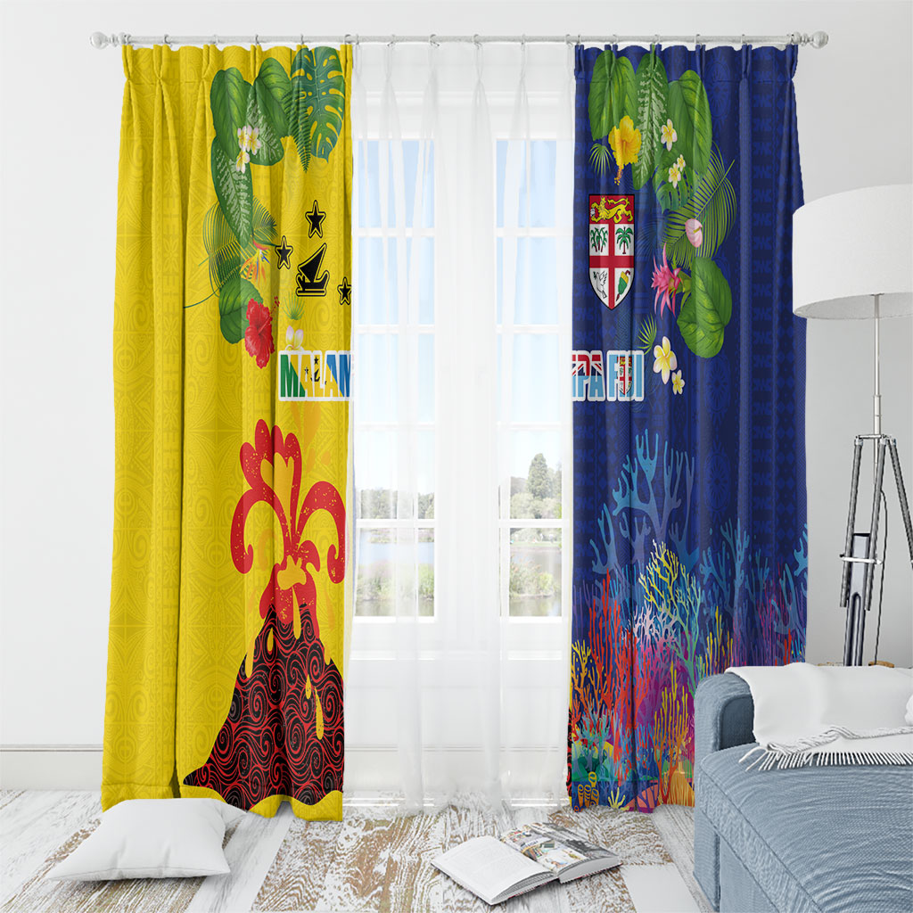 Malampa Fiji Day Window Curtain Volcano and Coral Reef with Culture Patterns Split Style LT03 - Polynesian Pride