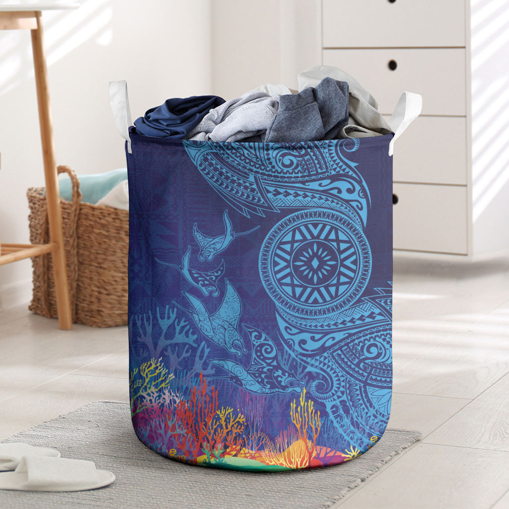 Fijian Tribal Manta Ray Laundry Basket Masi Motif with Coral Reef Ocean Vibe LT03 Blue - Polynesian Pride