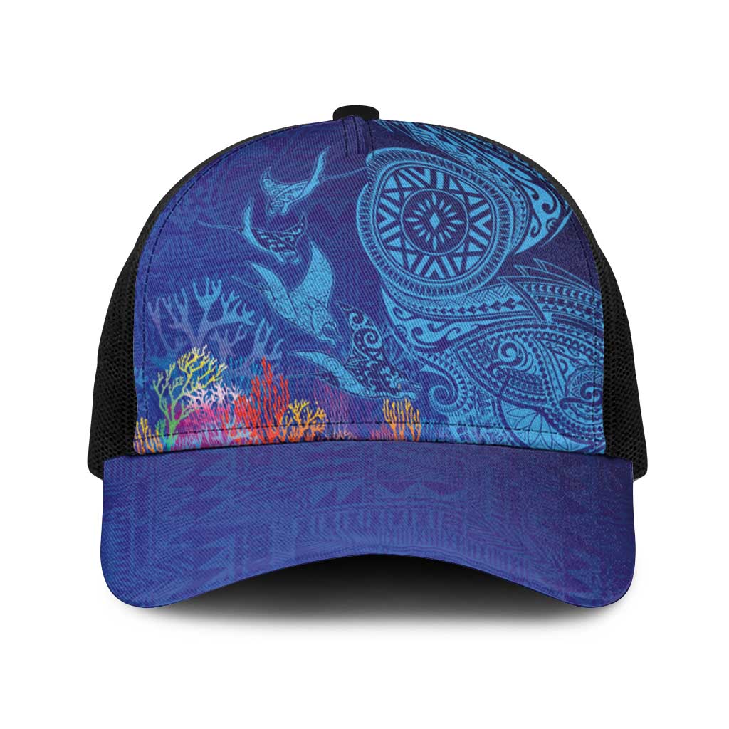 Fijian Tribal Manta Ray Baseball Net Cap Masi Motif with Coral Reef Ocean Vibe