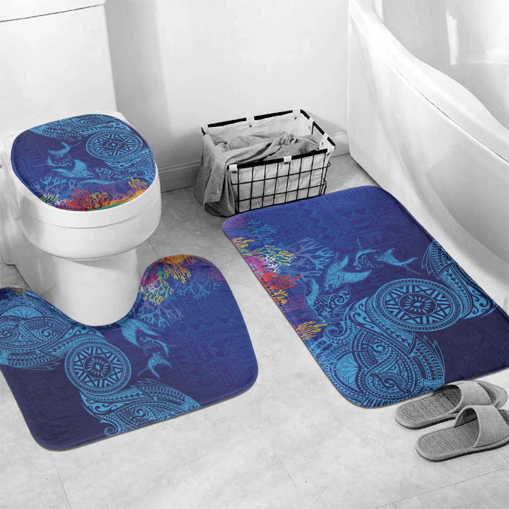 Fijian Tribal Manta Ray Bathroom Set Masi Motif with Coral Reef Ocean Vibe LT03 Mat Set Only (3 pcs) One Size Blue - Polynesian Pride