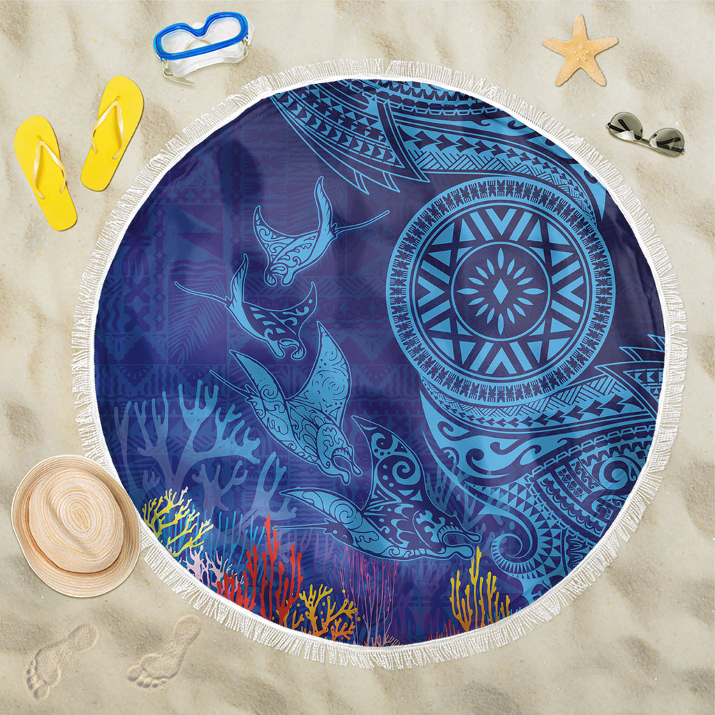 Fijian Tribal Manta Ray Beach Blanket Masi Motif with Coral Reef Ocean Vibe LT03 One Size 150cm Blue - Polynesian Pride