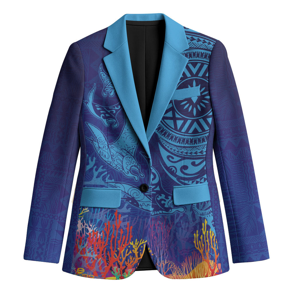 Fijian Tribal Manta Ray Blazer Masi Motif with Coral Reef Ocean Vibe