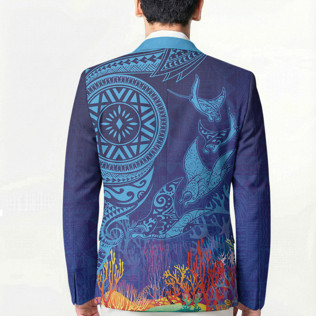 Fijian Tribal Manta Ray Blazer Masi Motif with Coral Reef Ocean Vibe