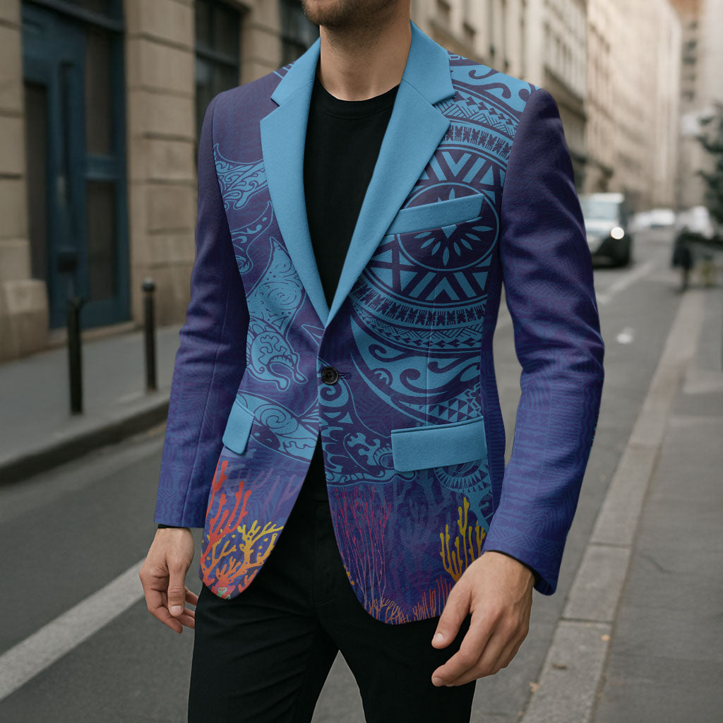 Fijian Tribal Manta Ray Blazer Masi Motif with Coral Reef Ocean Vibe