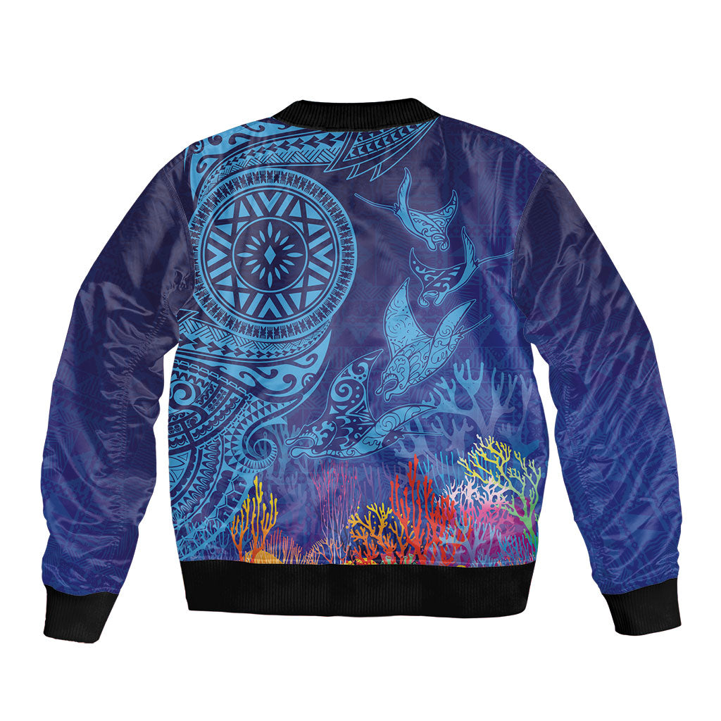 Fijian Tribal Manta Ray Bomber Jacket Masi Motif with Coral Reef Ocean Vibe