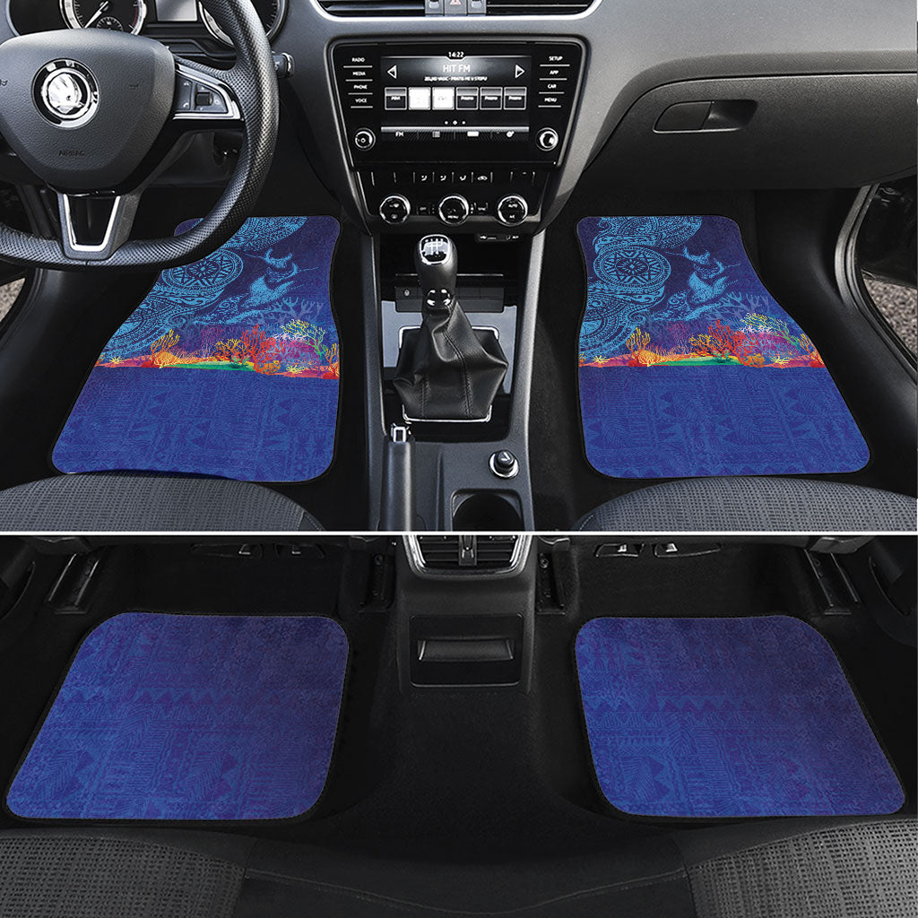 Fijian Tribal Manta Ray Car Mats Masi Motif with Coral Reef Ocean Vibe LT03 Set 4pcs Blue - Polynesian Pride