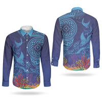 Fijian Tribal Manta Ray Couples Matching Off Shoulder Short Dress and Long Sleeve Button Shirt Masi Motif with Coral Reef Ocean Vibe LT03 - Polynesian Pride