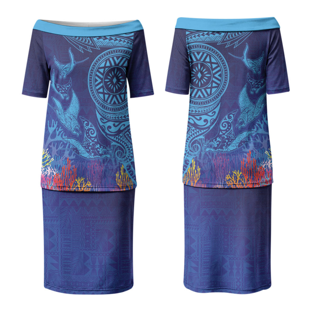 Fijian Tribal Manta Ray Couples Matching Puletasi and Hawaiian Shirt Masi Motif with Coral Reef Ocean Vibe LT03 - Polynesian Pride