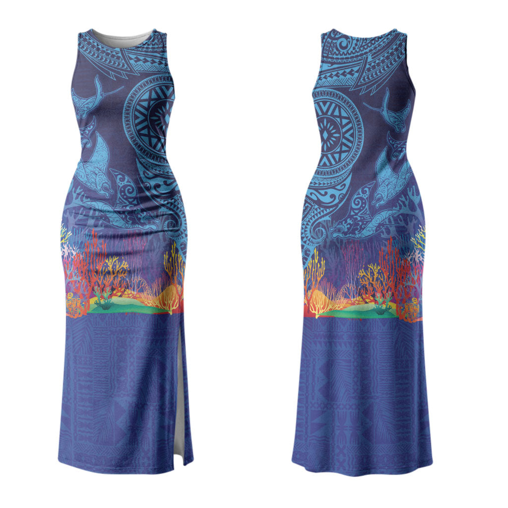 Fijian Tribal Manta Ray Couples Matching Tank Maxi Dress and Long Sleeve Button Shirt Masi Motif with Coral Reef Ocean Vibe LT03 - Polynesian Pride